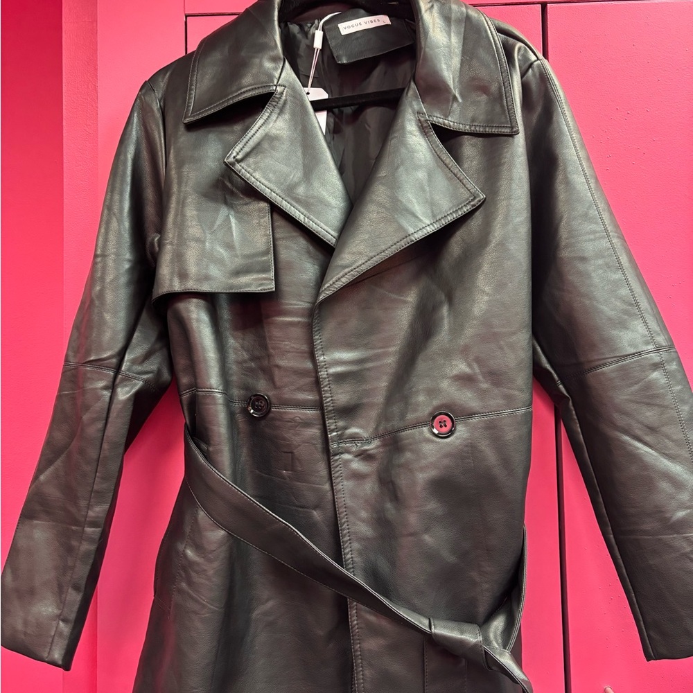 River Island Dark Green Leather Trench Coat